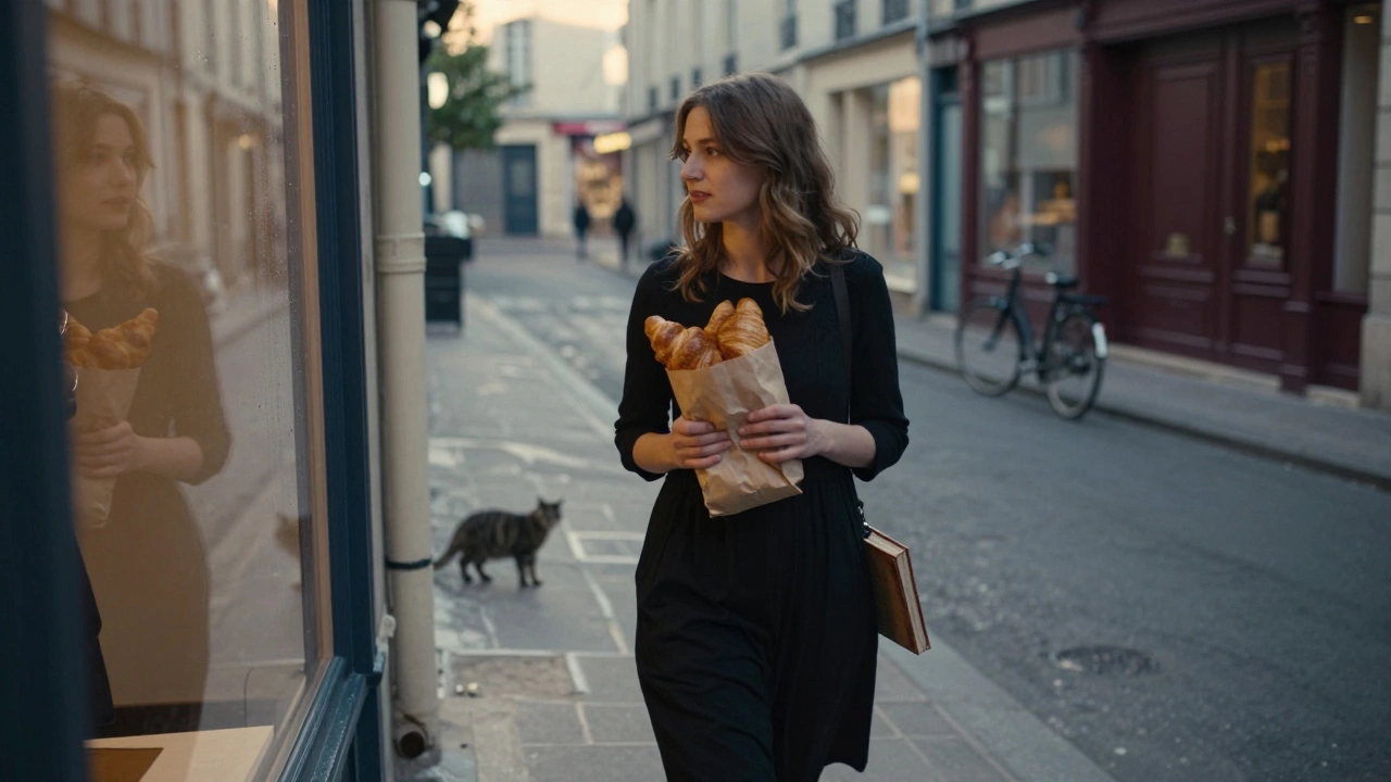 A woman walks through Le Marais at dawn, holding croissants, her reflection in a wet shop window.