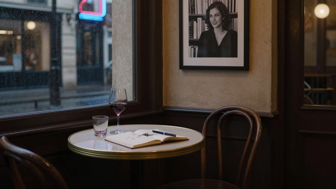An empty Paris café at night, with an open notebook and wine glass waiting at a corner table.